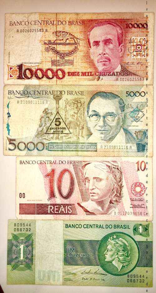 BRASIL SET OF 4,,,, 10000 REALS, 5000 ON 5 REALS 10 REALS 1 REALS 1989