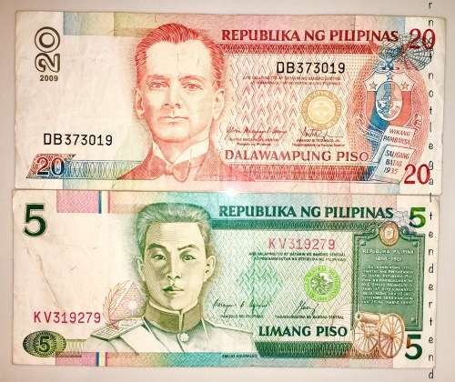 PHILIPPINES X2,,, 20 PESO & 5 PESO 1987 & 2009