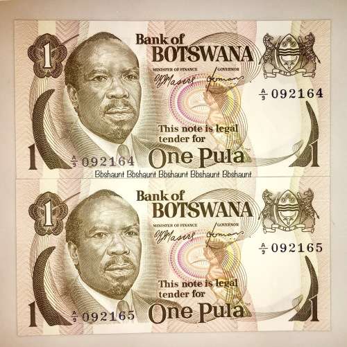 2 X 1 PULA IN SEQUENCE UNC LOW SERIAL A9 - 092164-165 [1 BID TAKES ALL]