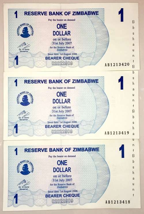 ZIMBABWE X 3...$1 IN SEQ AB1213420-418 UNC(1 BID TAKES ALL)