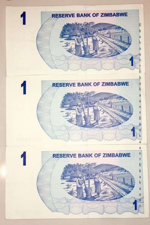 ZIMBABWE X 3...$1 IN SEQ AB1213420-418 UNC(1 BID TAKES ALL)