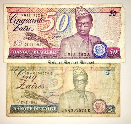 ZAIRE X2,,,5 ZAIRES & 50 ZAIRES 1982