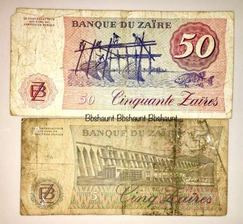ZAIRE X2,,,5 ZAIRES & 50 ZAIRES 1982