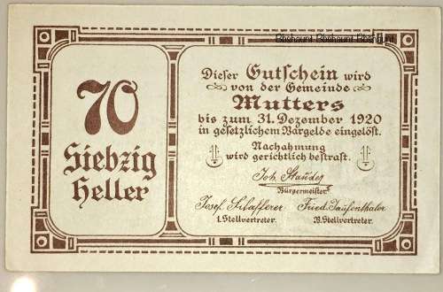 AUSTRIA 70 HELLER  MUTTERS  1920 UNC  NOTGELD (EMERGENCY MONEY)