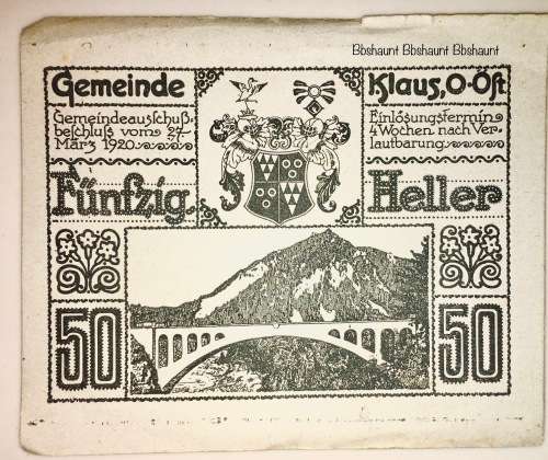 AUSTRIA ,,,,50 HELLER  KLAUS  1920 AUNC  NOTGELD (EMERGENCY MONEY)