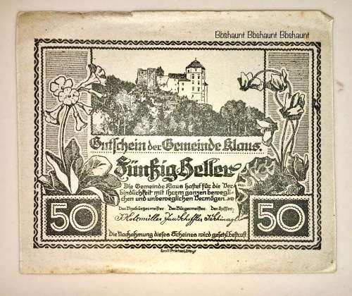 AUSTRIA ,,,,50 HELLER  KLAUS  1920 AUNC  NOTGELD (EMERGENCY MONEY)