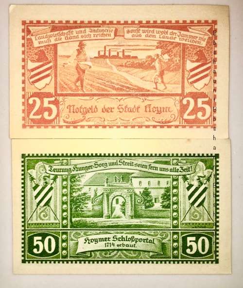 GERMANY REPLACEMENT SET X2,,,50 PFENNIG & 25 PFENNIG 1921 HOYM UNC  NOTGELD (RARE STAR NOTE)