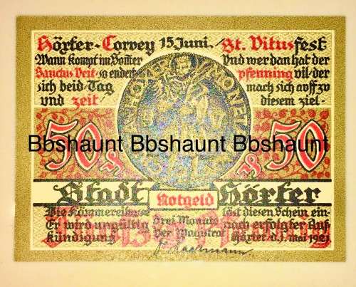 GERMANY  50 PFENNIG  HOXTER 1921 CRISP UNC  NOTGELD (EMERGENCY MONEY)