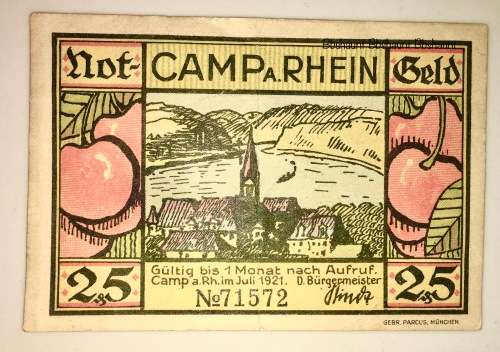 GERMAN   25 PFENNIG  CAMP RHEIN 1921 AUNC  NOTGELD (EMERGENCY MONEY)