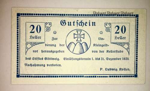 AUSTRIA  ,,  20 HELLER ROLLERTUBE 1920 CRISP UNC  NOTGELD (EMERGENCY MONEY)