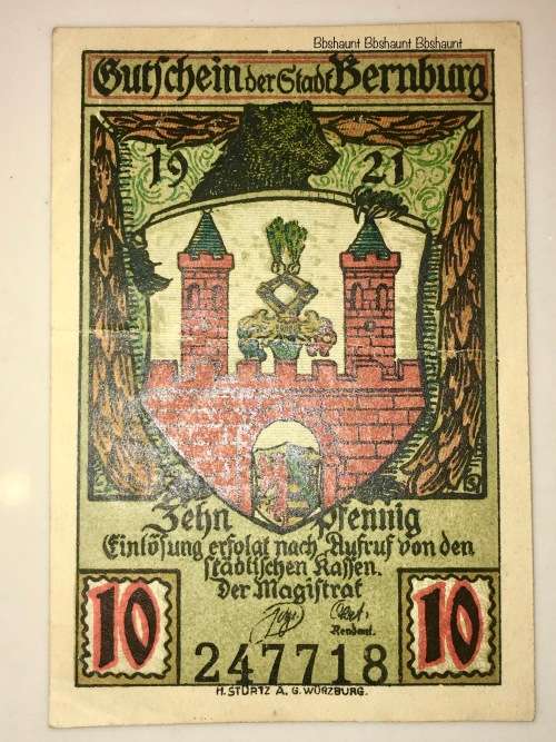 GERMANY , ,,10 PFENNIG BERNBURG 1921 HIGH GRADE NOTE  NOTGELD (EMERGENCY MONEY)