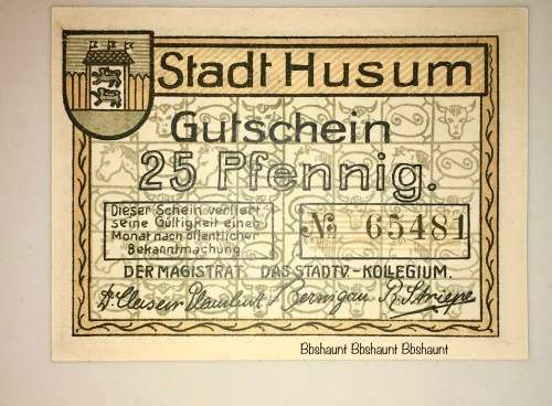 GERMANY ,, 25 PFENNIG HUSUM   HIGH GRADE NOTE NOTGELD (EMERGENCY MONEY)