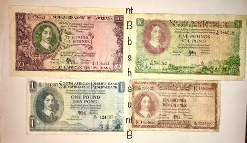 MH DE KOCK SET X 4,,, 10 POUNDS, 5 PONDS, 1 POUND, 10 SHILLINGS  (1 BID TAKES ALL)