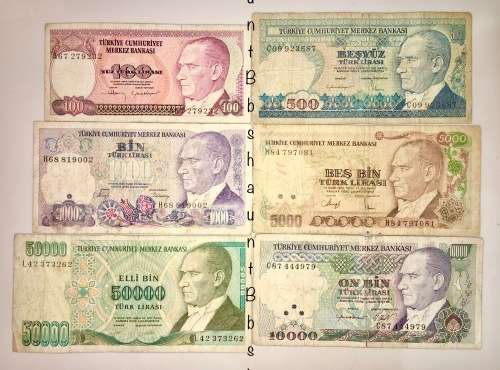 TURKEY SET X6,,,50,000 LIRASI ,10,000 ,5,000 ,1,000 ,500 & 100 LIRASI 1970(1 BID TAKES ALL)