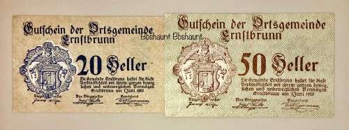 AUSTRIA ,,,50 HELLER & 20 HELLER ERNSTBRUNN 1920 CRISP UNC-AUNC  NOTGELD(EMERGENCY MONEY)