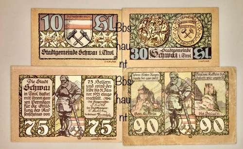 AUSTRIA SET 90 HEL, 75 HEL, 30 HEL & 10 HELLER SCHMAZ 1921  NOTGELD(EMERGENCY MONEY)