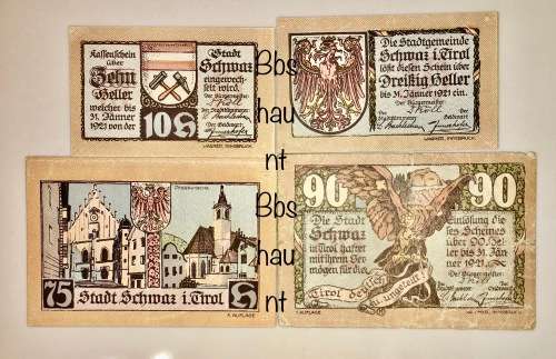 AUSTRIA SET 90 HEL, 75 HEL, 30 HEL & 10 HELLER SCHMAZ 1921  NOTGELD(EMERGENCY MONEY)