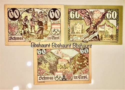AUSTRIA  SET  60 HELLER(3 DIFFERENT ) SCHMAZ 1921 UNC NOTGELD(EMERGENCY MONEY)