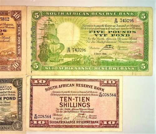 J.POSTMUS SET  10 POUND 1943 , 5 POUNDS 1944 , 1 POUND 1943 & 10 SHILLINGS 1942(1 BID TAKES ALL)