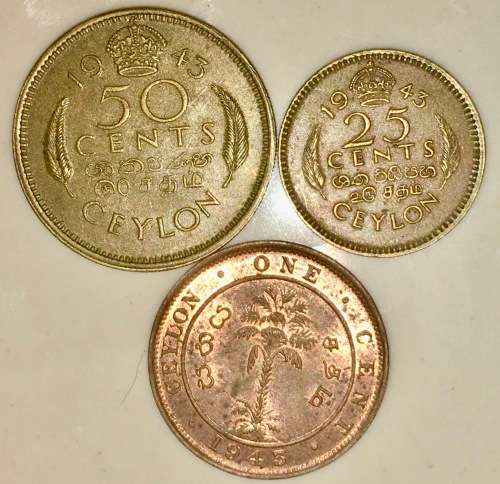 CEYLON X3,,,, 50 CENT , 25 CENT & 1 CENT 1943(1 BID TAKES ALL)