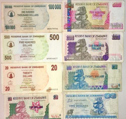 ZIMBABWE SET X8,,, 100,000 DOLLARS TO 2 DOLLARS 1983-2007(1 BID TAKES ALL)