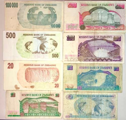 ZIMBABWE SET X8,,, 100,000 DOLLARS TO 2 DOLLARS 1983-2007(1 BID TAKES ALL)