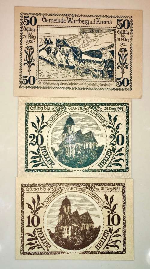 AUSTRIA SET ,,, 50 HELLER ,20 HELLER & 10 HELLER WARTBERG 1921 CRISP UNC NOTGELD(EMERGENCY MONEY)