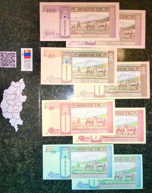 MONGOLIA 2 SETS IN SEQ 100 TUGRIK ,50 TUG,20 TUG & 10 TUGRIK 2016-18 IN PLASTIC INFO SLEEVE UNC GEM