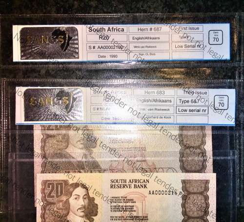 LOW SAME SERIAL R20 AA0000216D GRADED HIGHEST GRADE 70 GEM UNC(WMK VAN RIEBEECK)SANGS(1 BID TAKES AL