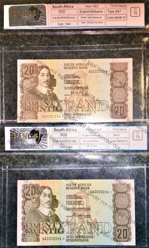 LOW SAME SERIAL R20 AA0000216D GRADED HIGHEST GRADE 70 GEM UNC(WMK VAN RIEBEECK)SANGS(1 BID TAKES AL