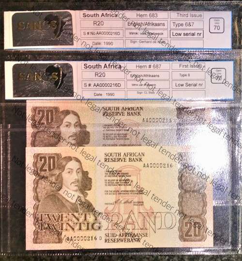 LOW SAME SERIAL R20 AA0000216D GRADED HIGHEST GRADE 70 GEM UNC(WMK VAN RIEBEECK)SANGS(1 BID TAKES AL