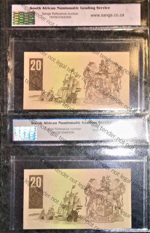 LOW SAME SERIAL R20 AA0000216D GRADED HIGHEST GRADE 70 GEM UNC(WMK VAN RIEBEECK)SANGS(1 BID TAKES AL