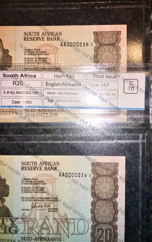 LOW SAME SERIAL R20 AA0000216D GRADED HIGHEST GRADE 70 GEM UNC(WMK VAN RIEBEECK)SANGS(1 BID TAKES AL