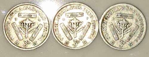 S A UNION 3 PENCE 1933 & 2X 1935 SILVER 80%(TICKEY)