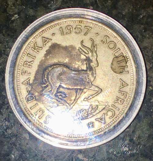 S A UNION SILVER 5 SHILLING 1957 IN COIN CAPSULE
