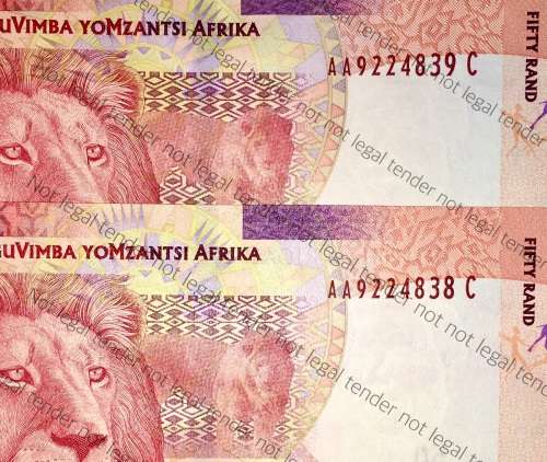 GILL MARCUS R50 AA IN SEQUENCE AA9224838-839 UNC(MANDELA WATERMARK) (1 BID TAKES ALL)