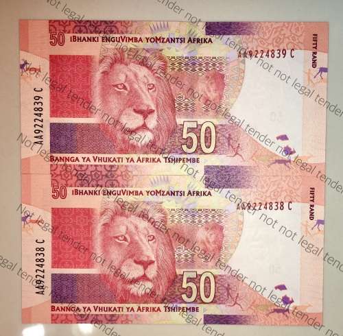 GILL MARCUS R50 AA IN SEQUENCE AA9224838-839 UNC(MANDELA WATERMARK) (1 BID TAKES ALL)