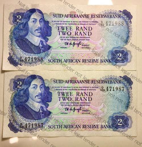 TW DE JONG R2 IN SEQUENCE D169/471987-988 AUNC 3RD ISSUE 1976[VAN RIEBEECK WATERMARK(1BID TAKES ALL)