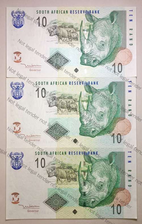 TT MBOWENI R10 IN SEQUENCE HS8937784-786 A UNC SECOND ISSUE(1 BID TAKES ALL)