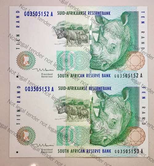 TT MBOWENI R10 IN SEQUENCE GO3505152-153 UNC 1999 FIRST ISSUE WTM RINO(1 BID TAKES ALL)