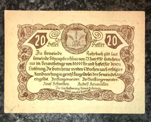 AUSTRIA  ,,,20 HELLER ROHRBACH 1920  AUNC NOTGELD (EMERGENCY MONEY)