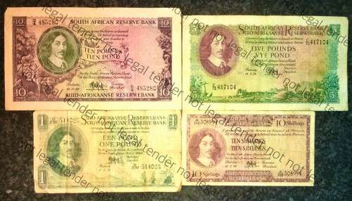 MH DE KOCK SET 10 POUNDS 1958, 5 POUNDS 1959, 1 POUND 1956, 10 SHILLINGS 1958 (1 BID TAKES ALL)