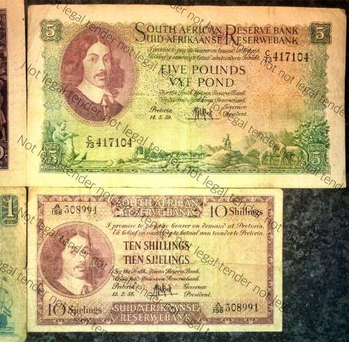 MH DE KOCK SET 10 POUNDS 1958, 5 POUNDS 1959, 1 POUND 1956, 10 SHILLINGS 1958 (1 BID TAKES ALL)