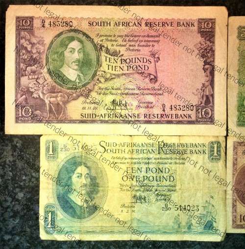 MH DE KOCK SET 10 POUNDS 1958, 5 POUNDS 1959, 1 POUND 1956, 10 SHILLINGS 1958 (1 BID TAKES ALL)