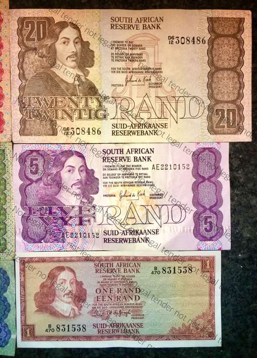COMPLETE SET OF GPC DE KOCK & DECIMALS  R50 TO R2,,,1980s (R1 TW DE JONGH 1975)- (1 BID TAKES ALL)