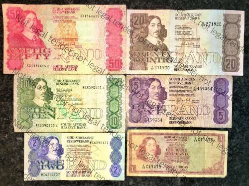 COMPLETE SET REPLACEMENT NOTES GPC DE KOCK &  DECIMALS 1980s,,, R50 - R1  [1 BID TAKES ALL]