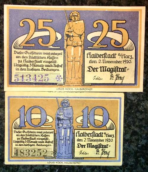 GERMANY SET 25PF STAR NOTE & 10 PFENNIG HALBERSTADT AUNC 1920 NOTGELD (EMERGENCY MONEY)