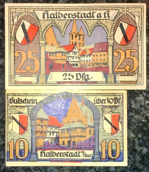 GERMANY SET 25PF STAR NOTE & 10 PFENNIG HALBERSTADT AUNC 1920 NOTGELD (EMERGENCY MONEY)