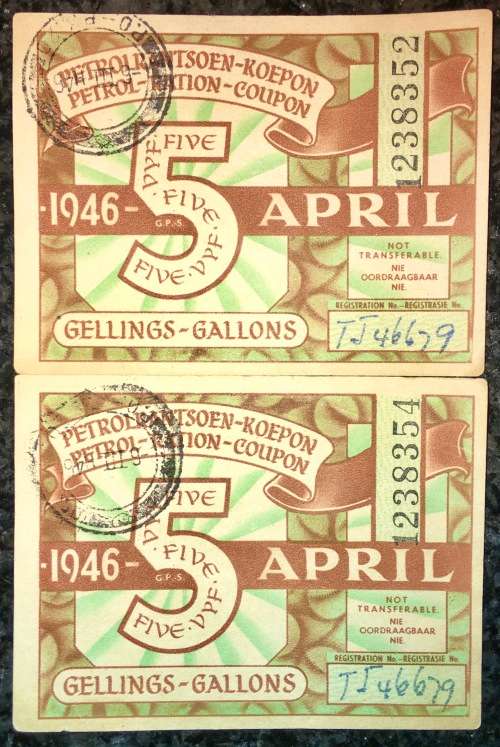 PETROL RATION COUPON 2 X 5 GALLONS CLOSE IN SEQUENCE 1946