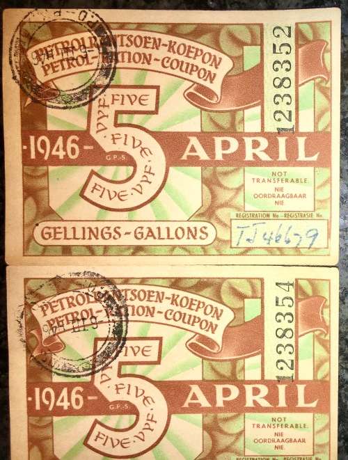 PETROL RATION COUPON 2 X 5 GALLONS CLOSE IN SEQUENCE 1946